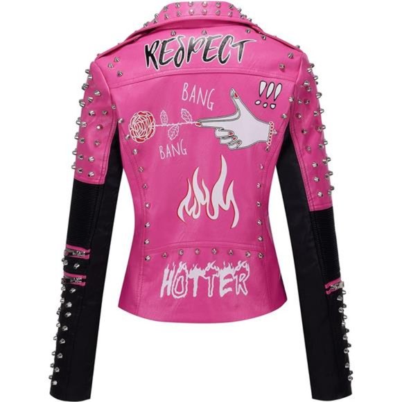 Women Faux Leather Jacket Studded Rivet Winter Streetwear Belted, Black-Pink - Picture 2 of 6